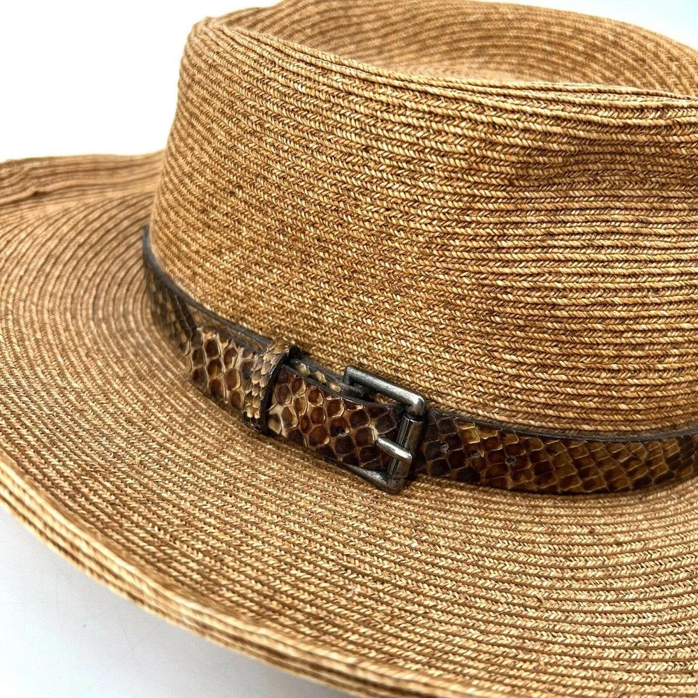 Eric Javits Tan-Brown Straw Sun Hat with Snakeskin Trim